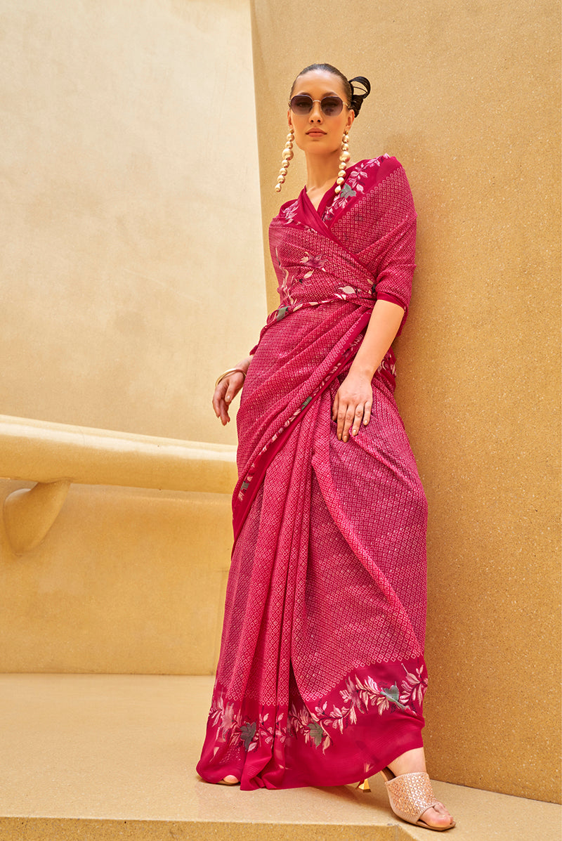 Monjolika Fashion Rani Pink Printed Georgette Contemporary Saree | Grocsy