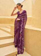Monjolika Fashion Dark Purple Printed Georgette Contemporary Saree | Grocsy