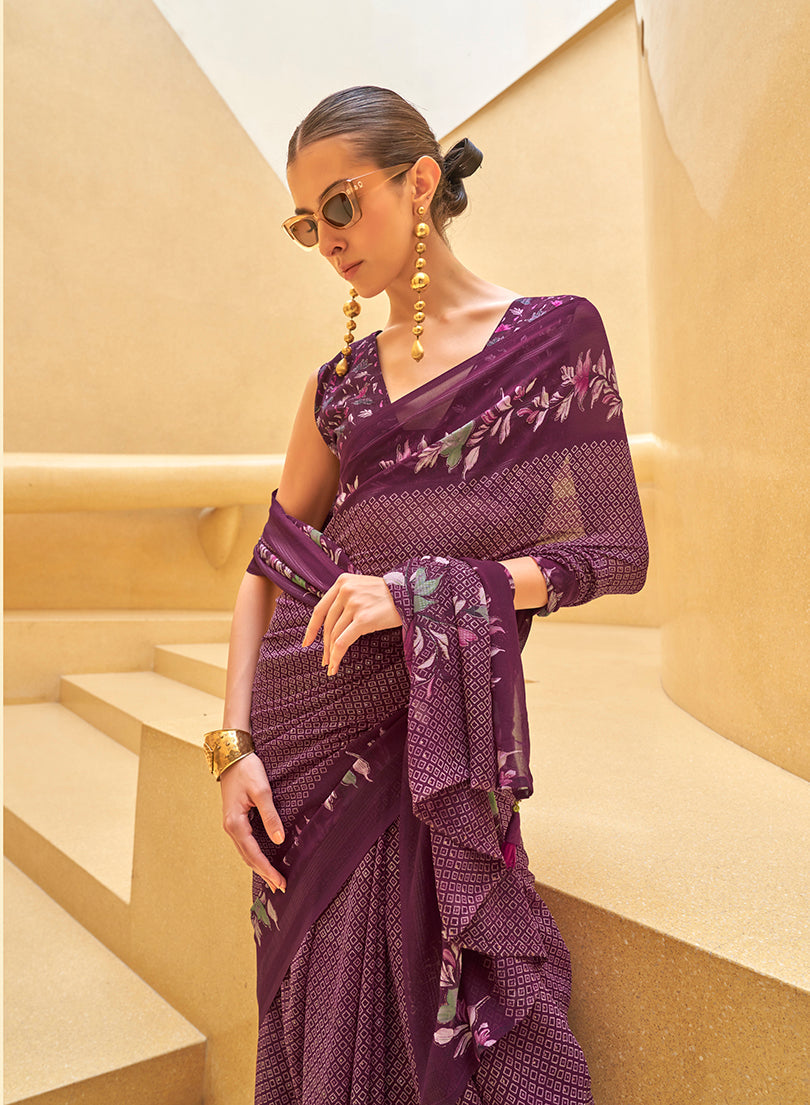 Monjolika Fashion Dark Purple Printed Georgette Contemporary Saree | Grocsy