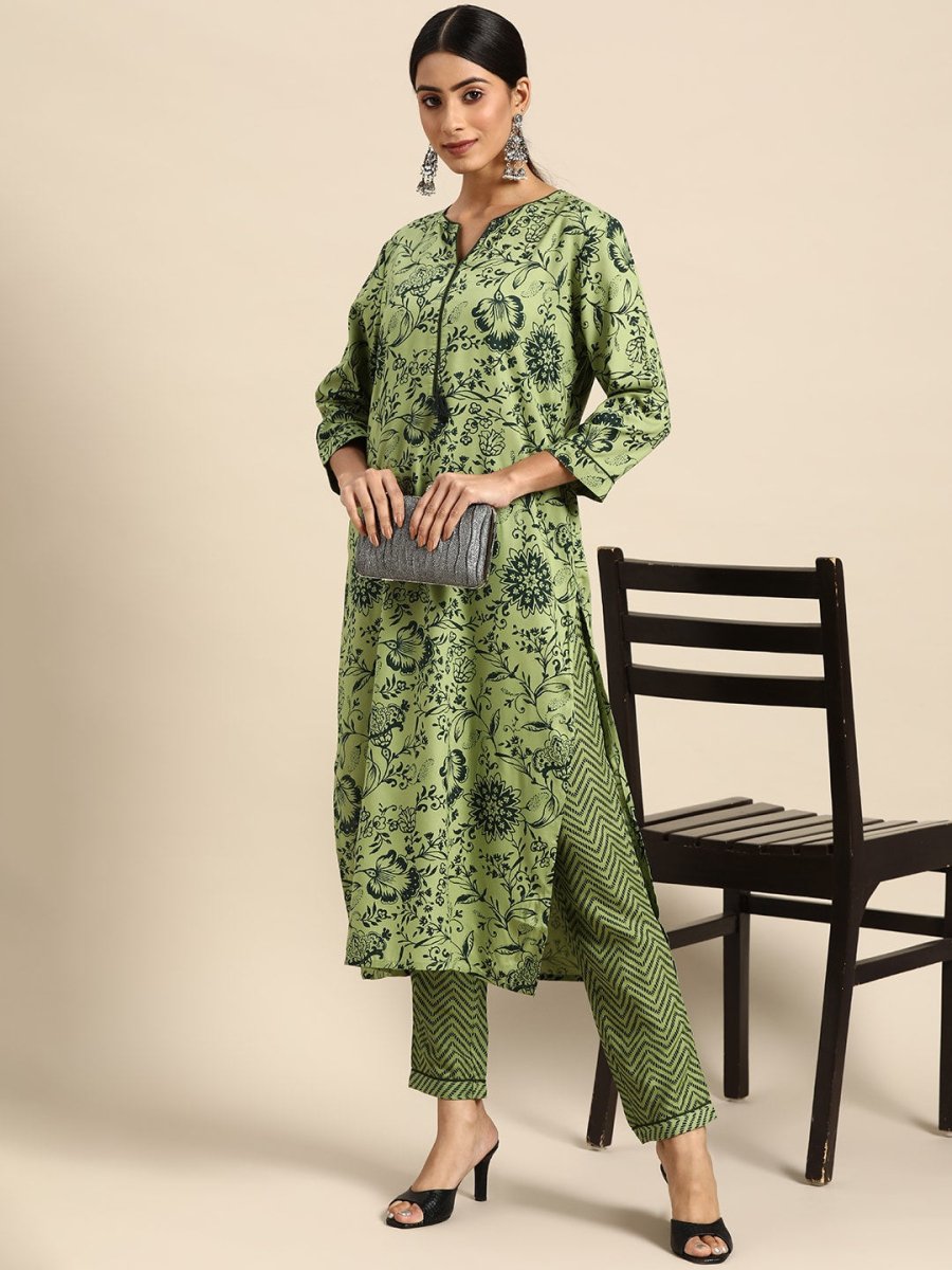 All About You Women Green Ethnic Motifs Printed Kurta with Trousers | Grocsy