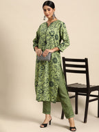 All About You Women Green Ethnic Motifs Printed Kurta with Trousers | Grocsy