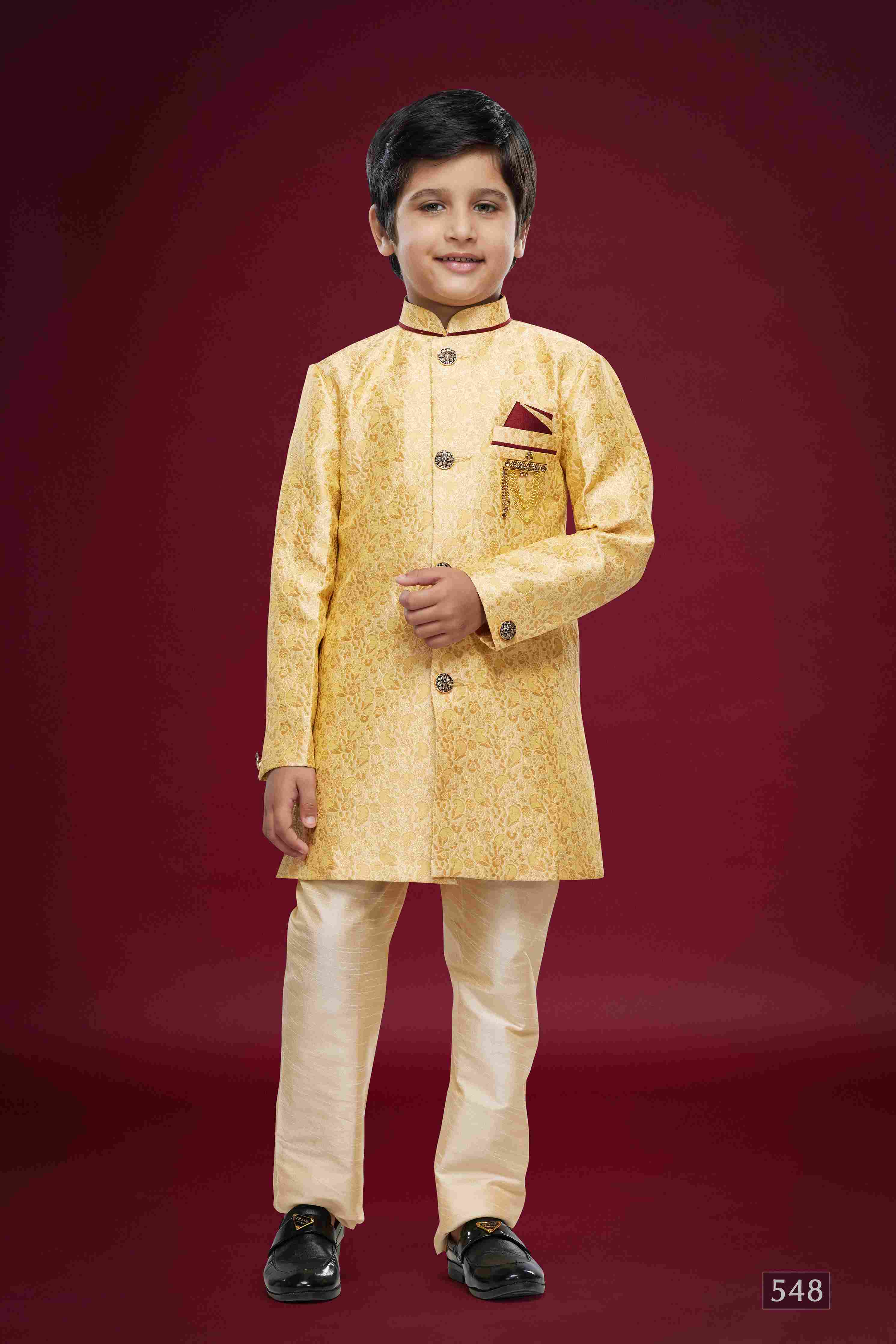 Raivat Ethnic Kids Banarasi Jacquard Woven Work Semi Indo Western Set Gold Colour | Grocsy