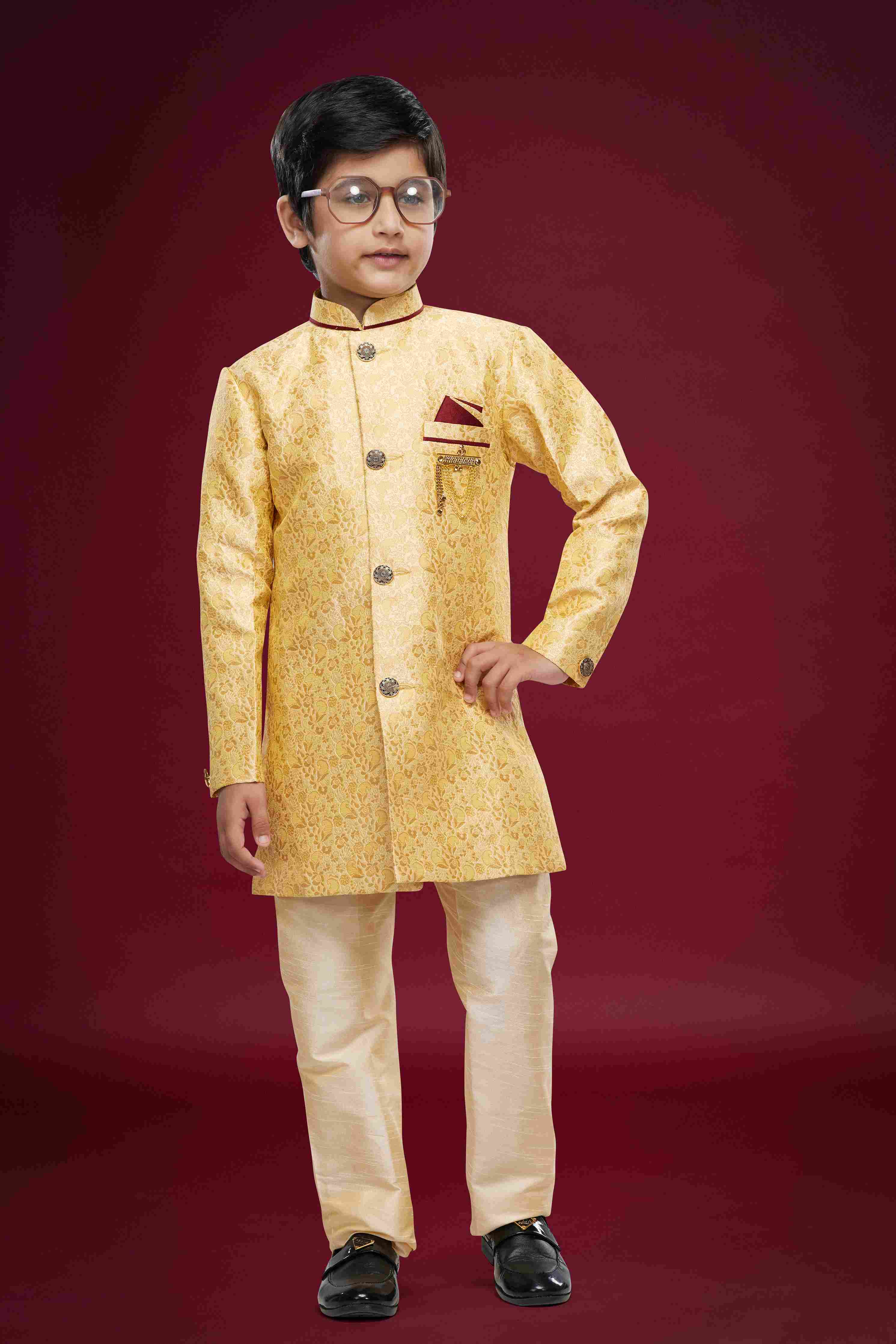 Raivat Ethnic Kids Banarasi Jacquard Woven Work Semi Indo Western Set Gold Colour | Grocsy