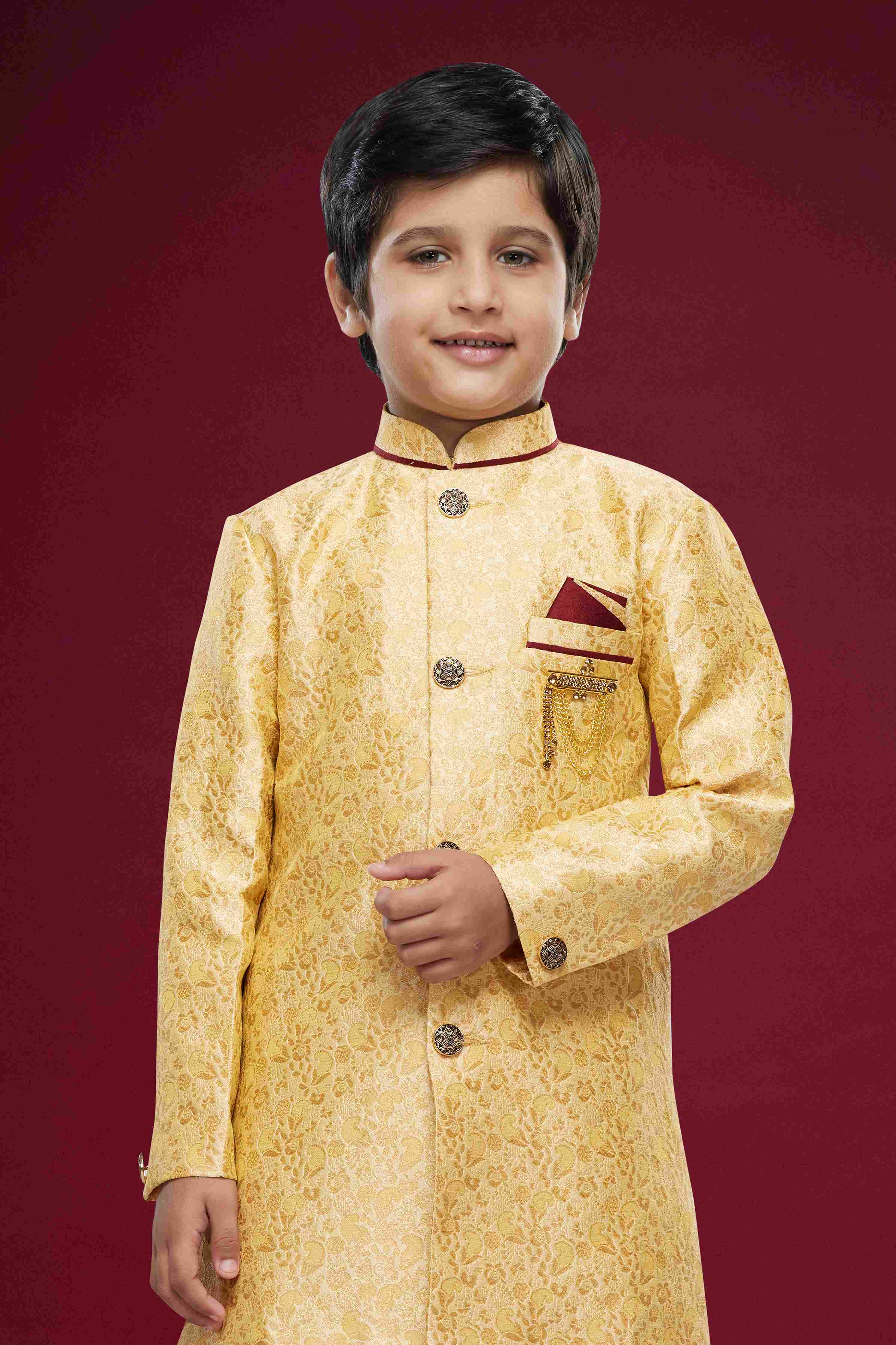 Raivat Ethnic Kids Banarasi Jacquard Woven Work Semi Indo Western Set Gold Colour | Grocsy