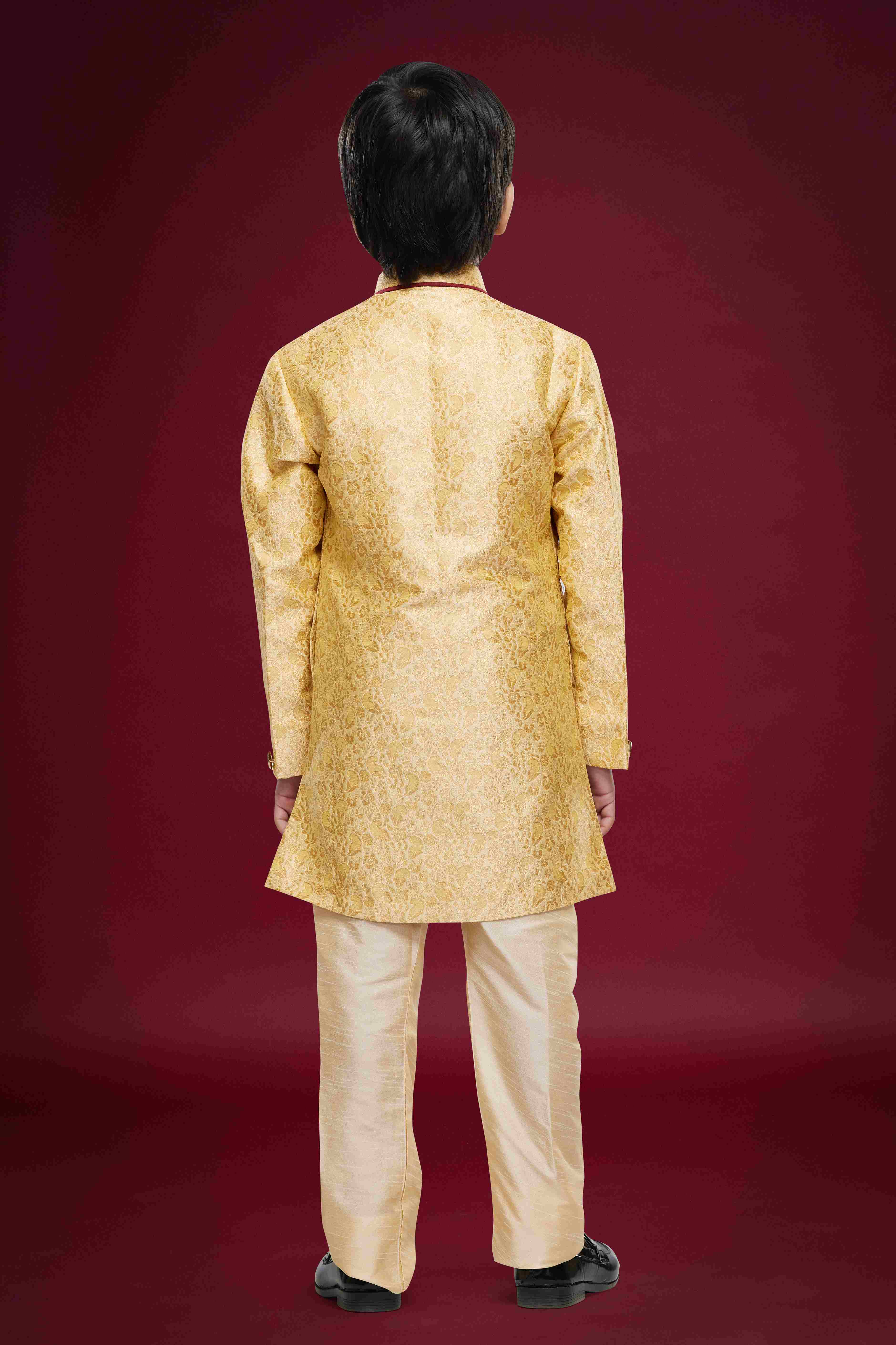 Raivat Ethnic Kids Banarasi Jacquard Woven Work Semi Indo Western Set Gold Colour | Grocsy