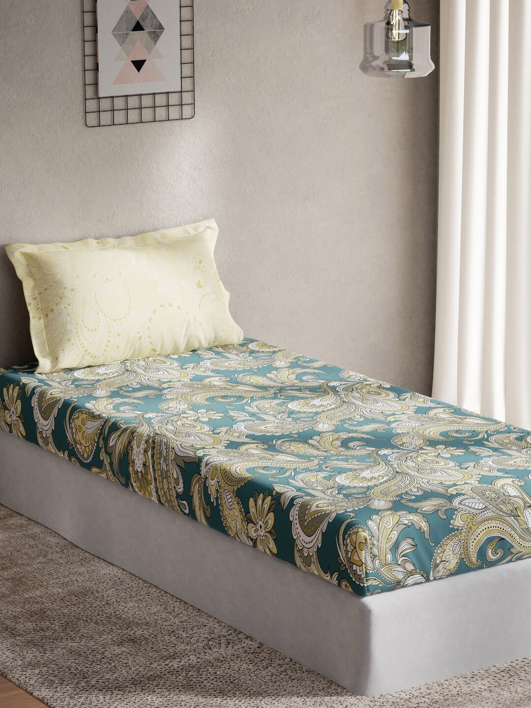 DDecor Green & Yellow Ethnic Motifs 144 TC Cotton Single Bedsheet with 1 Pillow Cover | Grocsy