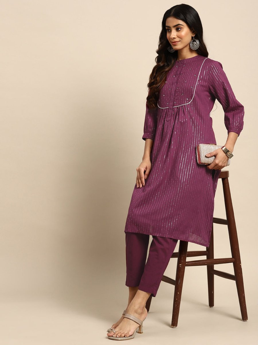 All About You Striped Pleated Sequinned Pure Cotton Kurta with Trousers | Grocsy