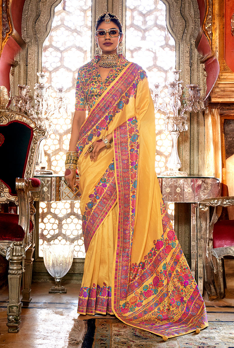 Monjolika Fashion Silk Yellow Printed Traditional Festival Saree With Blouse | Grocsy