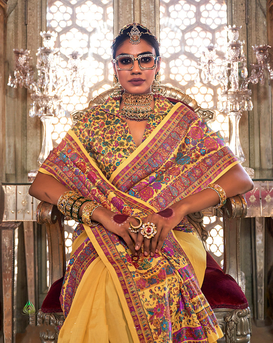 Monjolika Fashion Silk Yellow Printed Traditional Festival Saree With Blouse | Grocsy