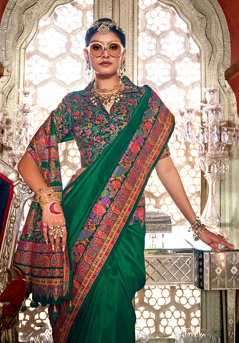 Monjolika Fashion Silk Dark green Printed Traditional Festival Saree With Blouse | Grocsy