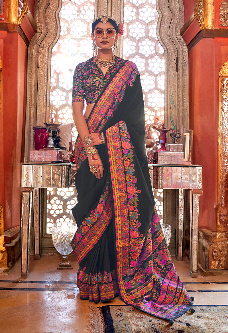Monjolika Fashion Silk Black Printed Traditional Festival Saree With Blouse | Grocsy