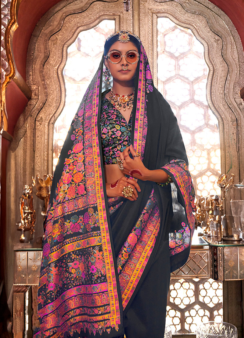 Monjolika Fashion Silk Black Printed Traditional Festival Saree With Blouse | Grocsy