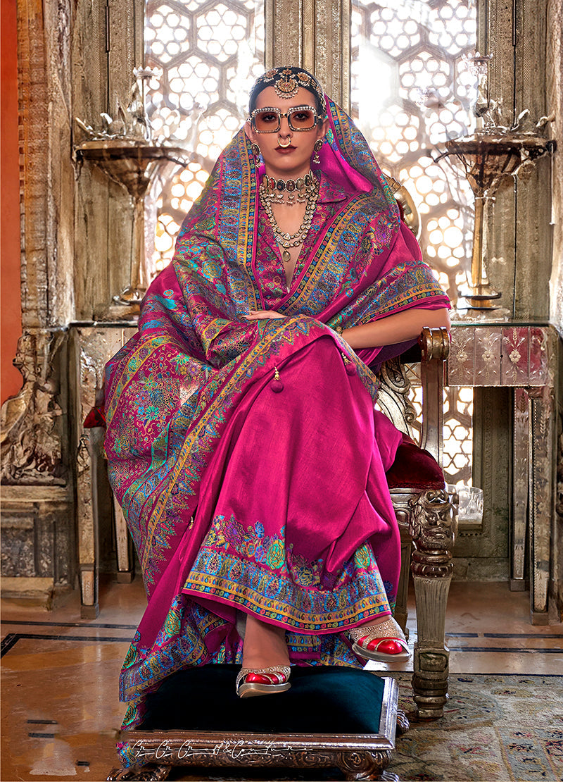 Monjolika Fashion Silk Dark pink Printed Traditional Festival Saree With Blouse | Grocsy