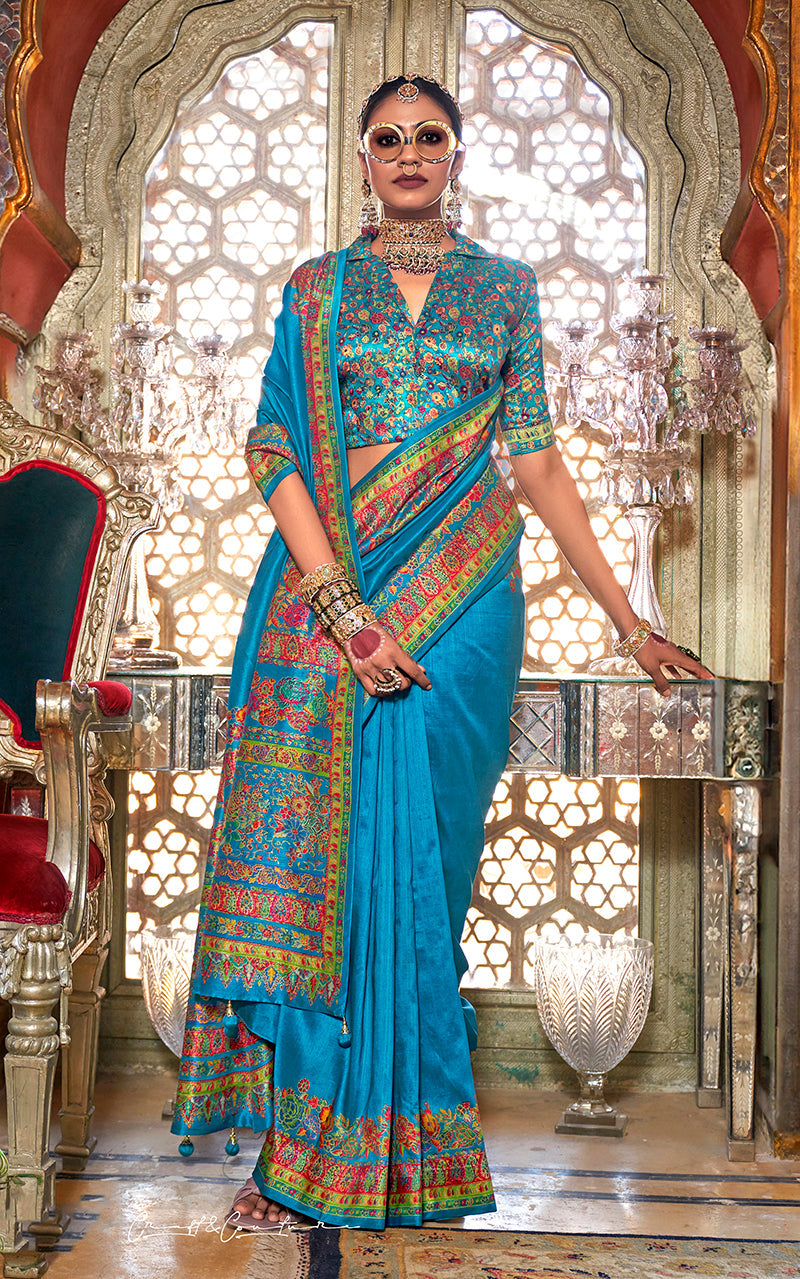 Monjolika Fashion Silk Light blue Printed Traditional Festival Saree With Blouse | Grocsy