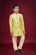 Raivat Ethnic Kids Banarasi Jacquard Woven Work Semi Indo Western Set Beige Colour | Grocsy