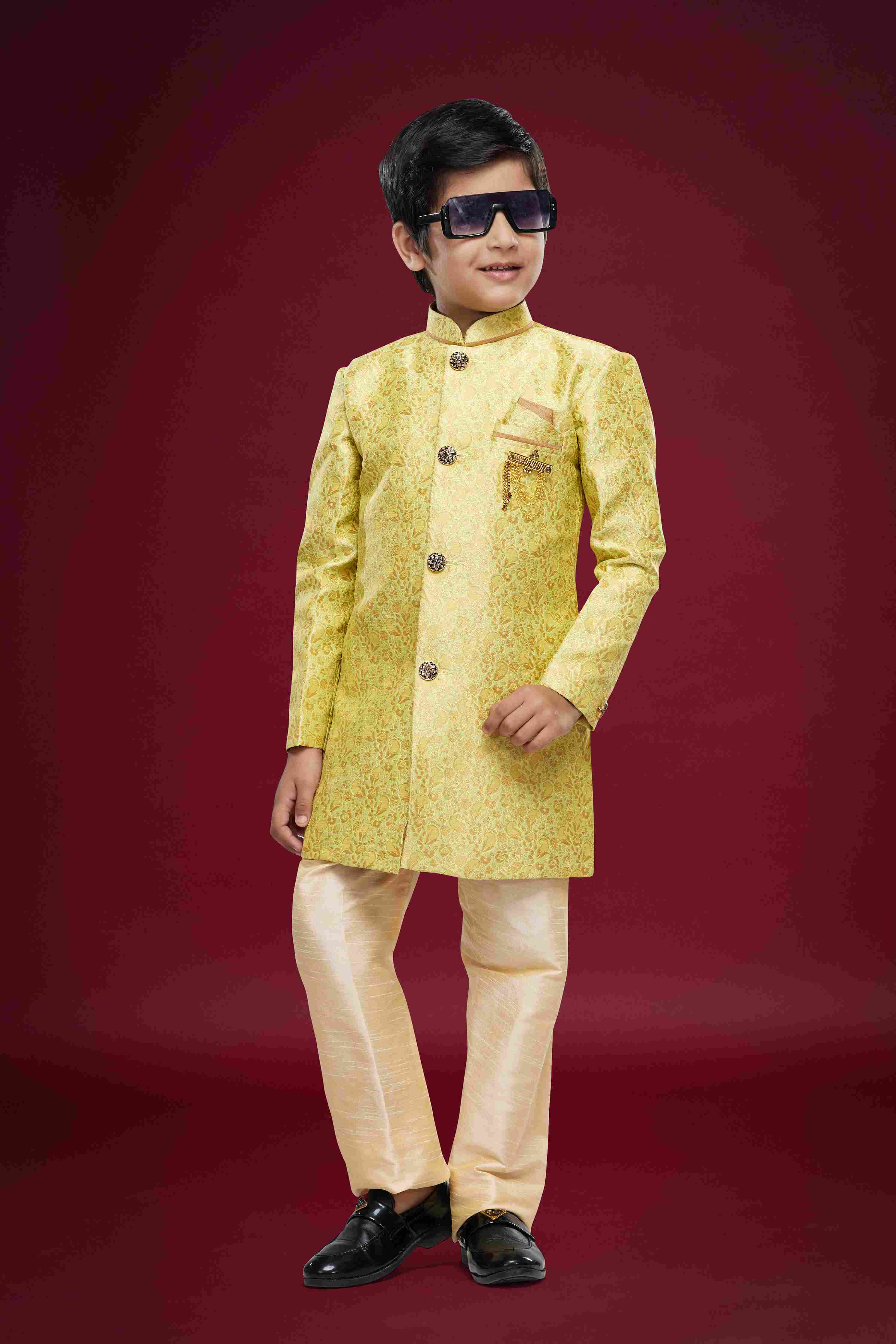 Raivat Ethnic Kids Banarasi Jacquard Woven Work Semi Indo Western Set Beige Colour | Grocsy