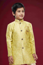 Raivat Ethnic Kids Banarasi Jacquard Woven Work Semi Indo Western Set Beige Colour | Grocsy