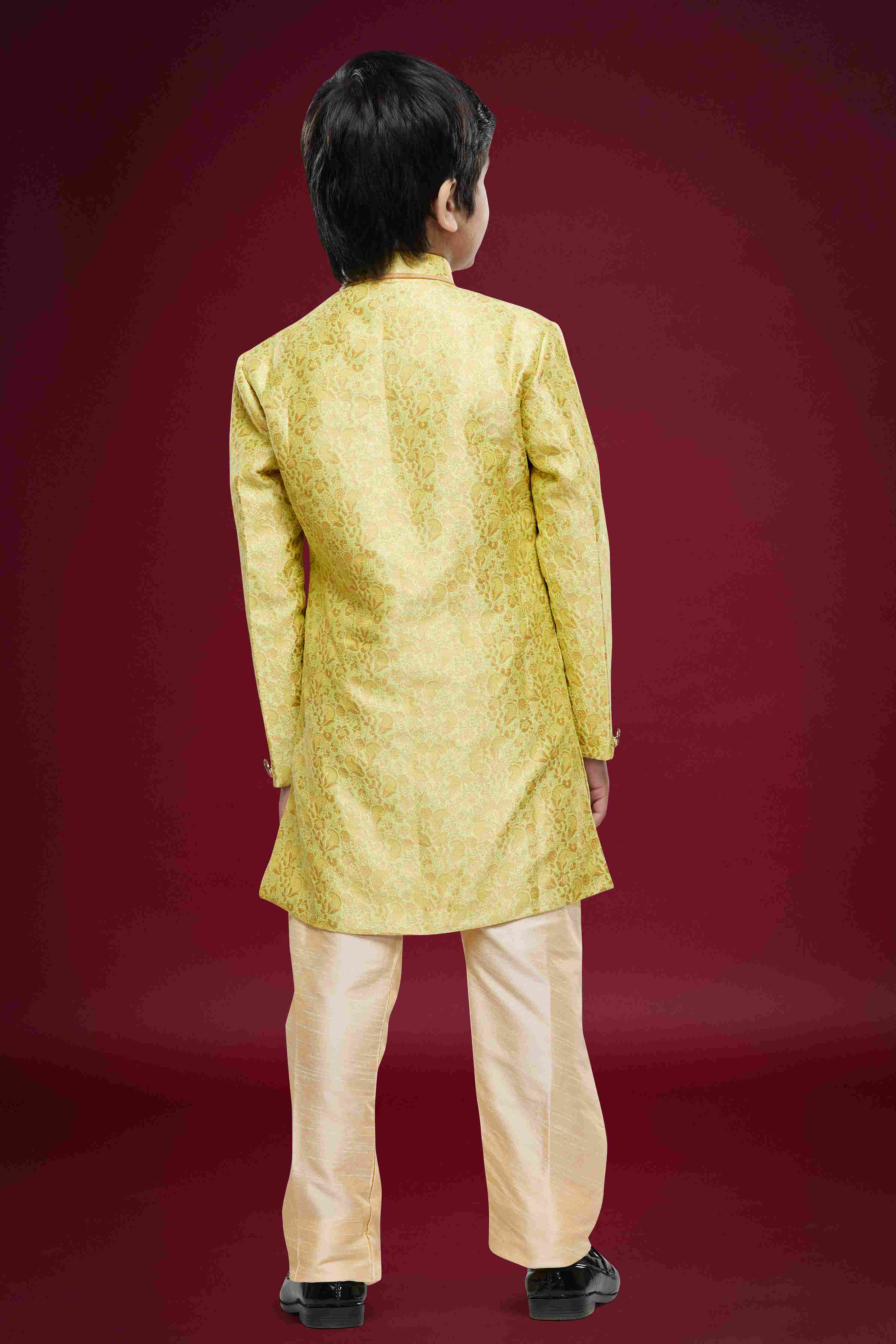 Raivat Ethnic Kids Banarasi Jacquard Woven Work Semi Indo Western Set Beige Colour | Grocsy