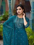 Juniper Women's Blue Ethnic Motif Printed Muslin Kurta Set With Zari Work & Gota Patti | Grocsy