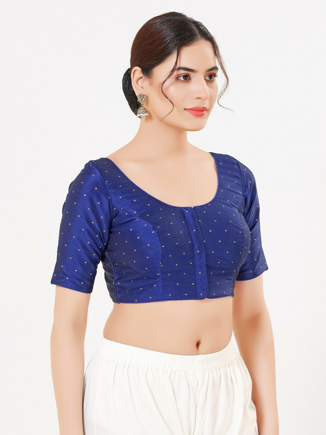 Joban Fashion Royal-Blue Taffeta Silk Elbow Sleeveless Front Open Blouse | Grocsy