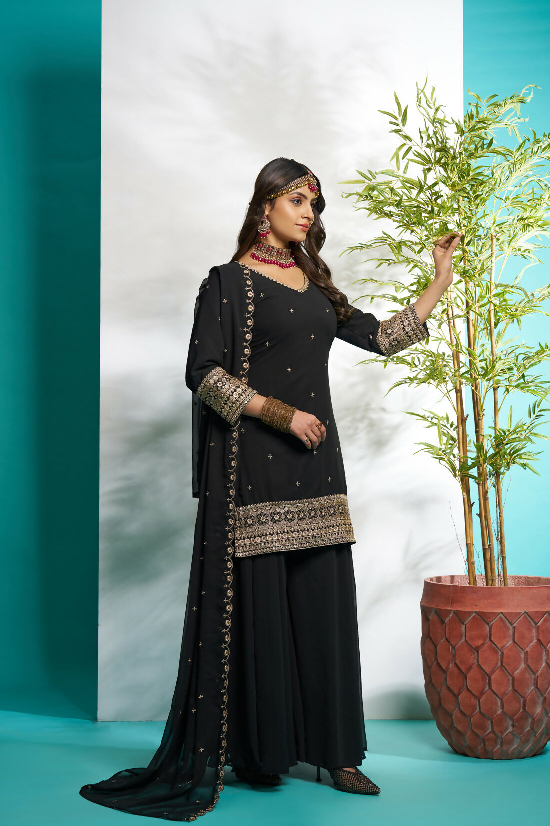 Aayaa Designer Faux Gorgette Embroidery Zari Sequins Thread work Full Flaired plazzo Suit with Dupatta - Black | Grocsy