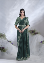 Green Two Tone Satin Silk Designer Ready to wear saree with stithced Blouse - Mohmanthan Aura | Grocsy