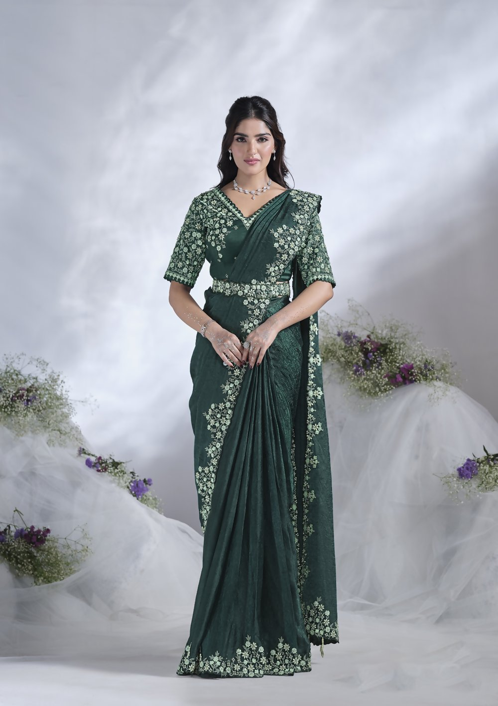 Green Two Tone Satin Silk Designer Ready to wear saree with stithced Blouse - Mohmanthan Aura | Grocsy