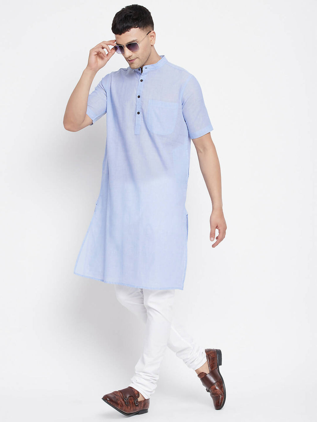 Even Apparels Blue Pure Cotton Men's H/S Kurta With Band Collar | Grocsy