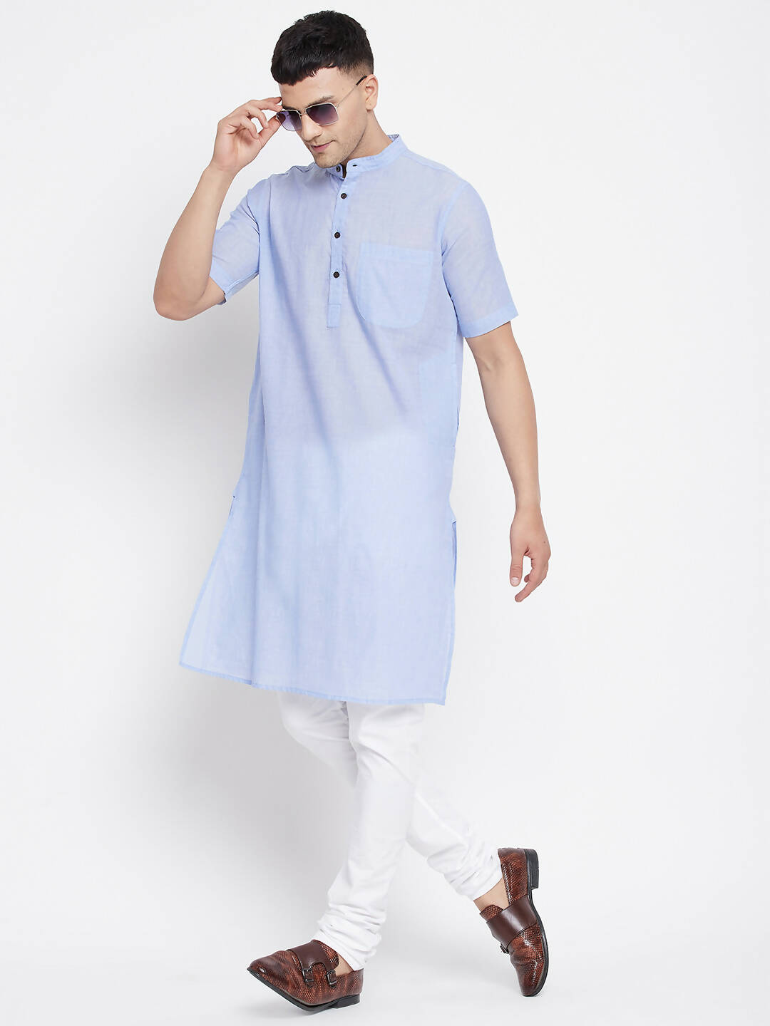 Even Apparels Blue Pure Cotton Men's H/S Kurta With Band Collar | Grocsy