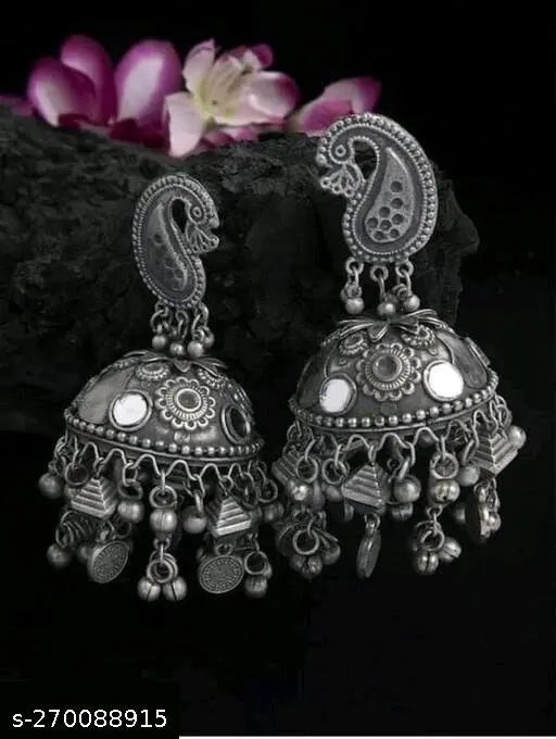 Tehzeeb Creations Women's Black Oxidised Earrings With Ghungroo | Grocsy