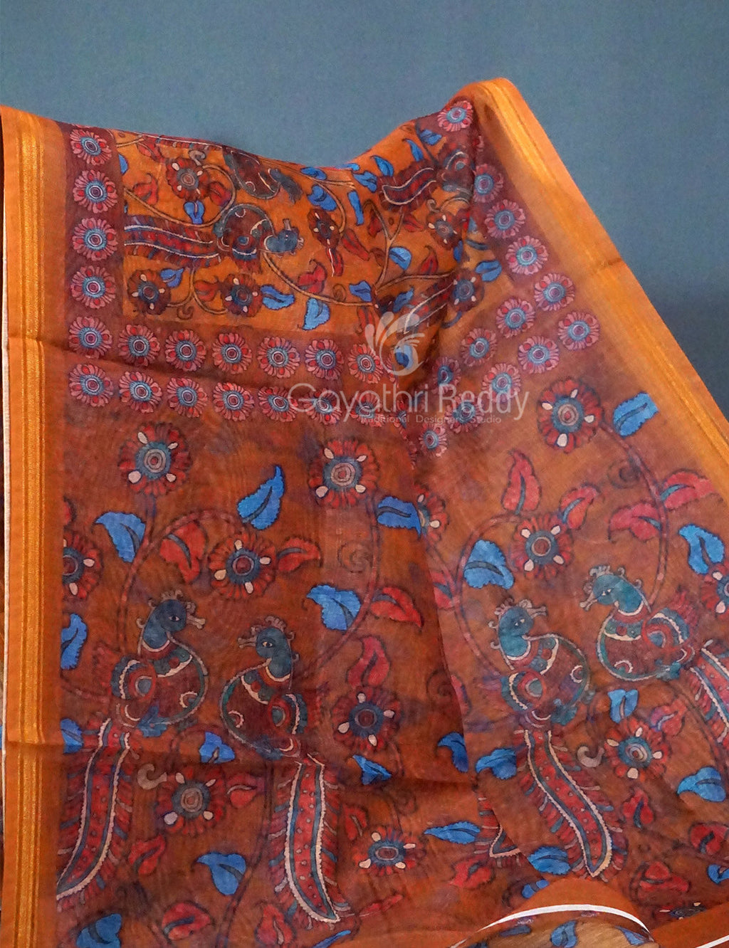 Shades of Mustard Colour Kalamkari Print Semi Chanderi Saree By Gayathri Reddy Designer Studio | Grocsy