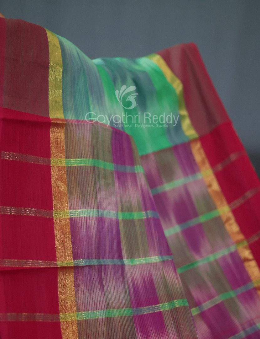 Dual Shades of Sea Green And Maroon Mangalagiri Ikkat Cotton Saree By Gayathri Reddy Designer Studio | Grocsy
