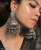 Tehzeeb Creations Women's Black Oxidised Earrings With Ghungroo | Grocsy