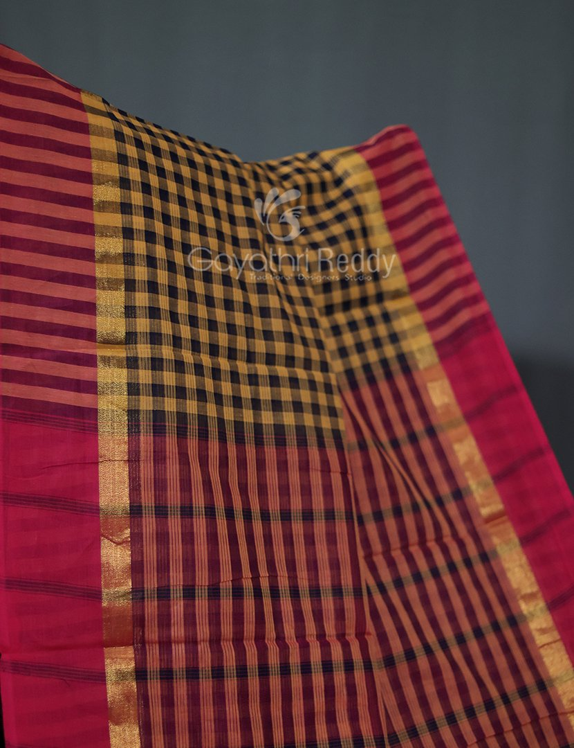 Mustard And Black With Checks Pure Mangalgiri Cotton Saree By Gayathri Reddy Designer Studio | Grocsy