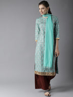 HERE&NOW Women Blue & Brown Printed Kurta with Palazzos & Dupatta | Grocsy