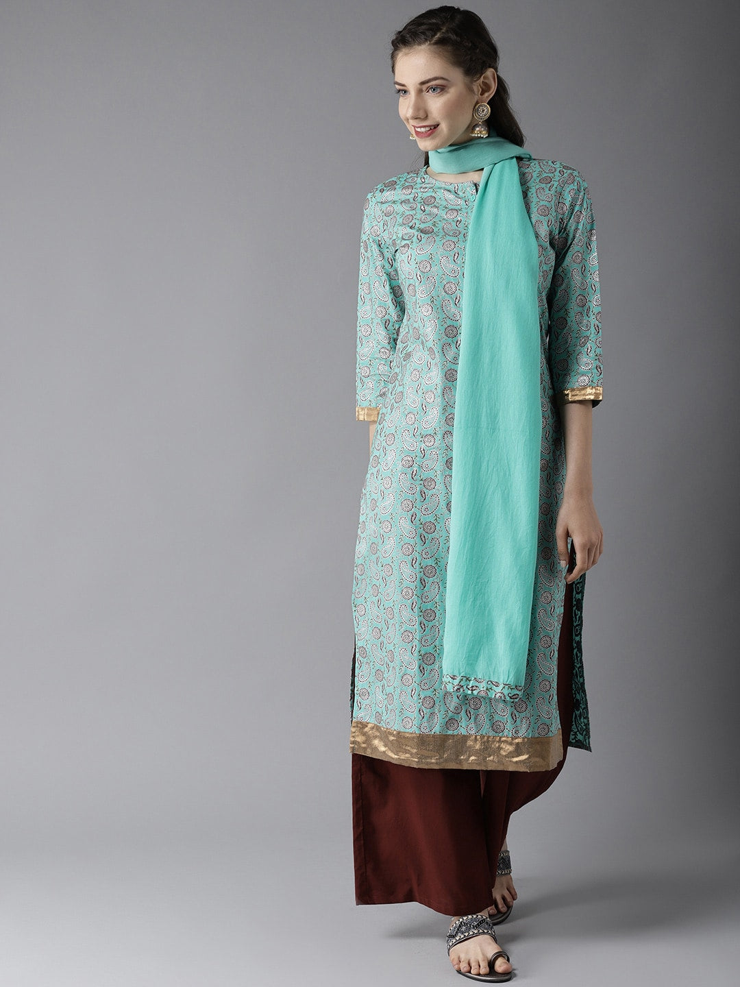 HERE&NOW Women Blue & Brown Printed Kurta with Palazzos & Dupatta | Grocsy