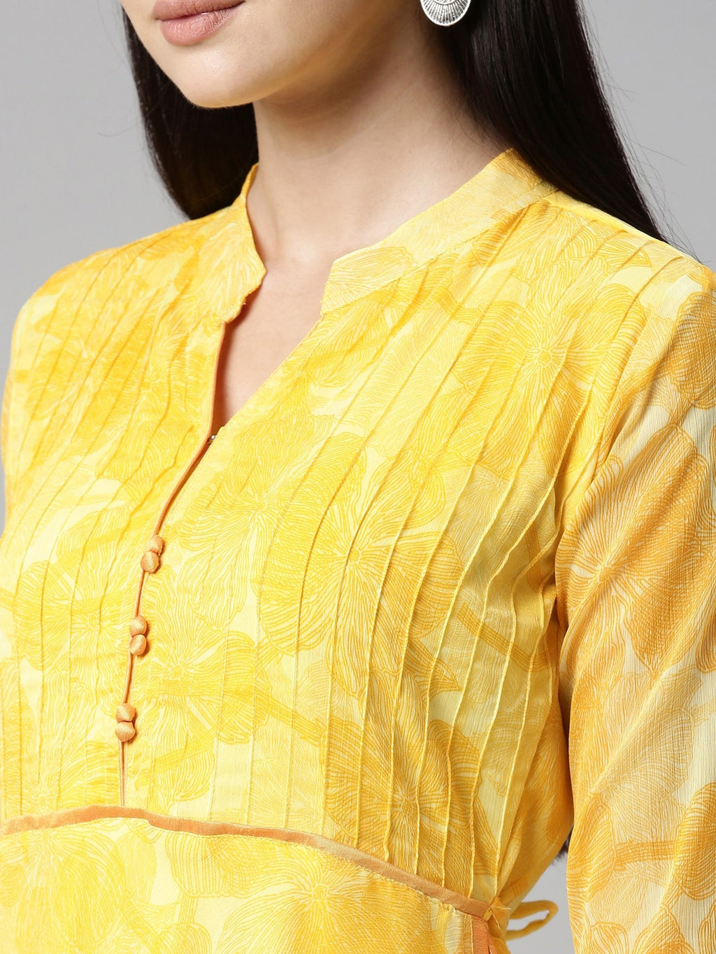 Souchii Yellow Floral Chiffon Midi Dress | Grocsy