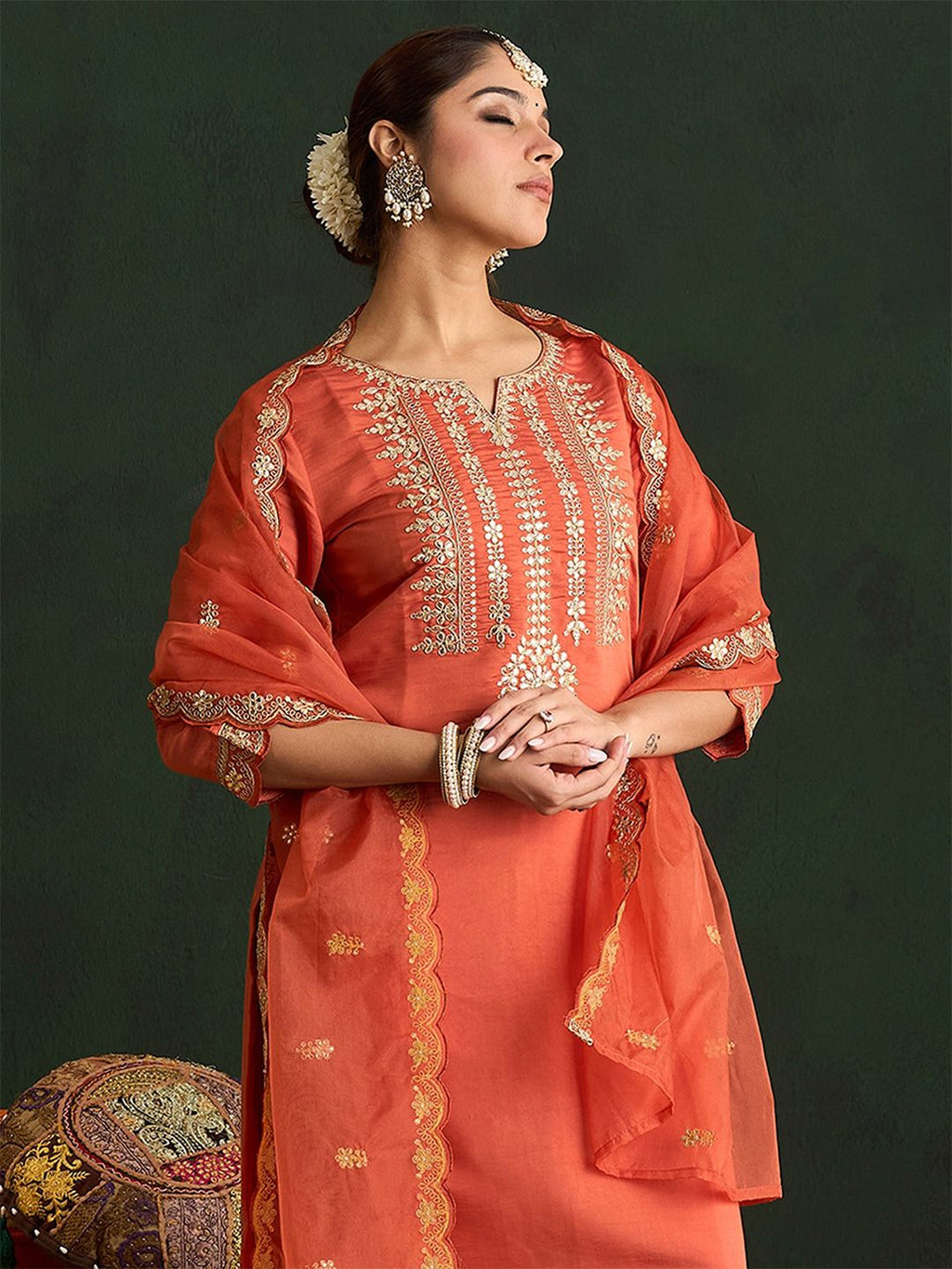 Indo Era Women Ethnic Motifs Embroidered Regular Gotta Patti Kurta with Trousers & With Dupatta | Grocsy