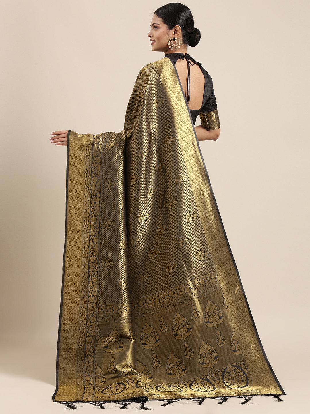 Saree Mall Black & Gold-Toned Ethnic Motifs Zari Silk Blend Banarasi Saree | Grocsy