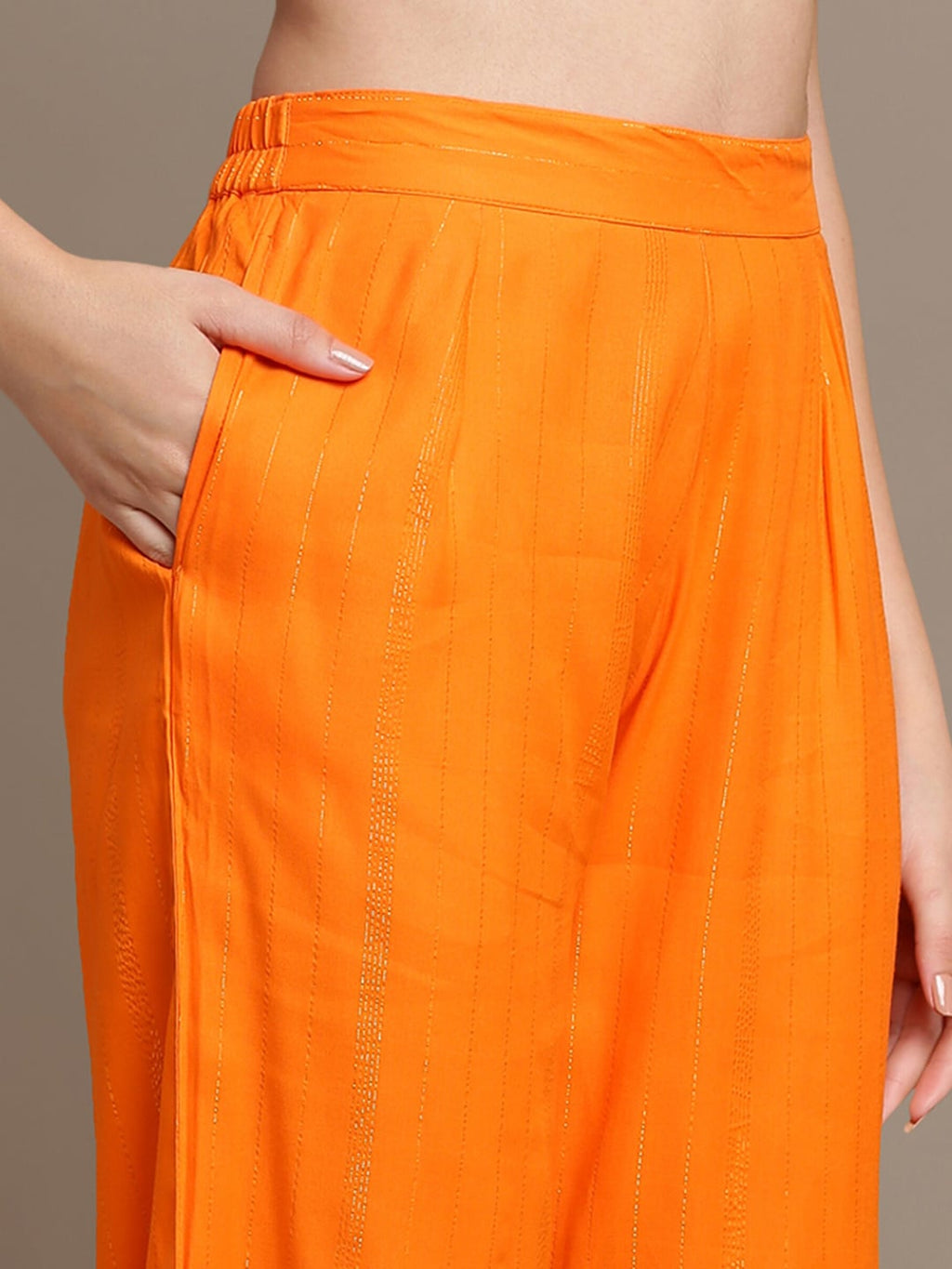 HERE&NOW Striped Mirror Work High Slit Kurta with Palazzos | Grocsy