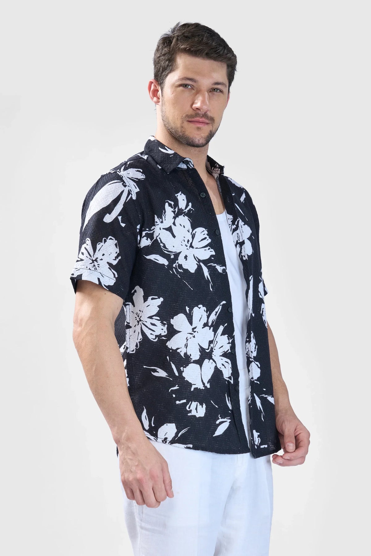 Xkind Black Floral Printed Textured Regular Fit Shirt | Grocsy