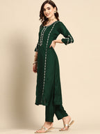 Sangria Women Green & White Ethnic Embellished Beaded Kurta with Trousers & Dupatta | Grocsy