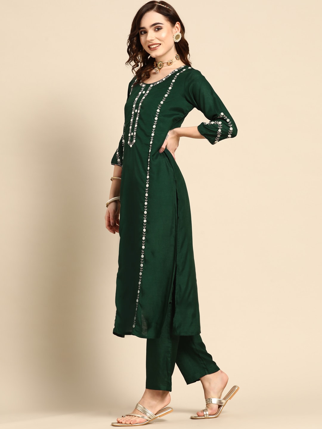 Sangria Women Green & White Ethnic Embellished Beaded Kurta with Trousers & Dupatta | Grocsy