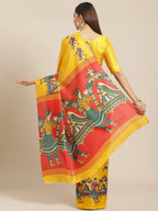 Saree Mall Mustard Yellow & Blue Printed Saree | Grocsy