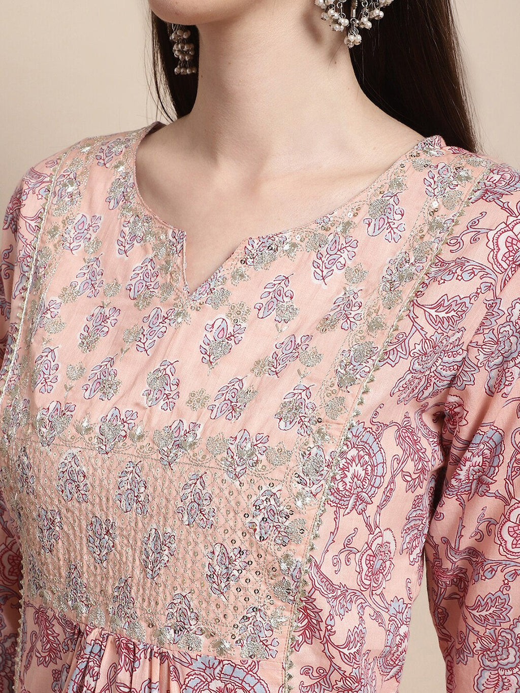 Sangria Printed & Embroidered Pure Cotton A-Line Kurta With Trouser & Dupatta | Grocsy
