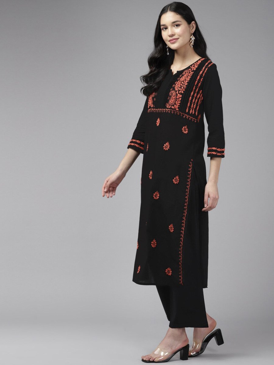 ADA Ethnic Motifs Embroidered Chikankari Cotton Straight Kurta | Grocsy