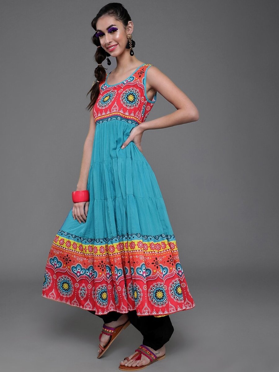Aks Floral Printed Sleeveless Cotton Silk Anarkali Kurta | Grocsy