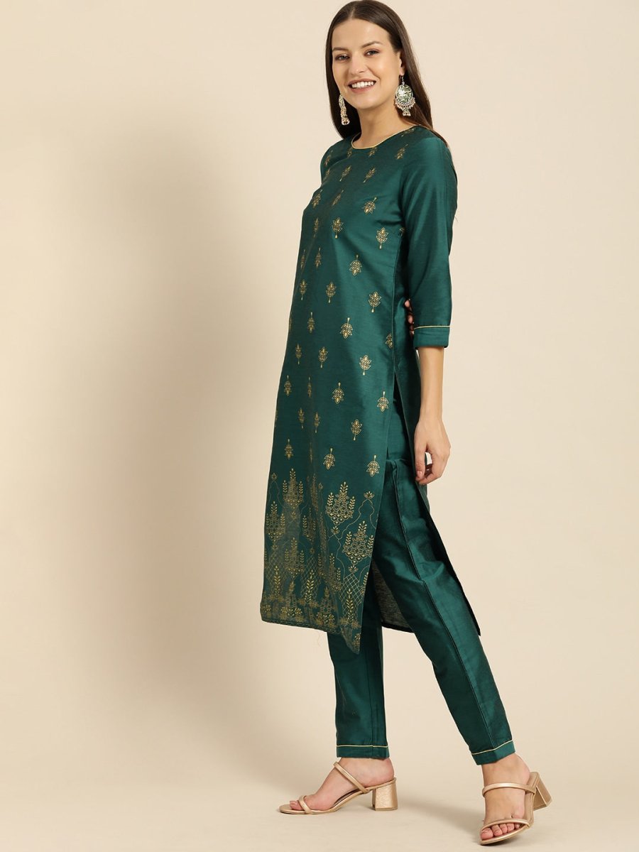 All About You Women Teal Green Ethnic Motifs Kurta with Trousers | Grocsy