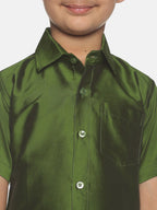 Sethukrishna Olive Green & White Solid Shirt and Veshti For Boys | Grocsy