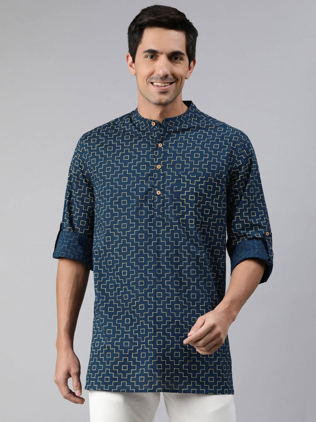 Janasya Men Navy Blue & Yellow Geometric Printed Kurta | Grocsy